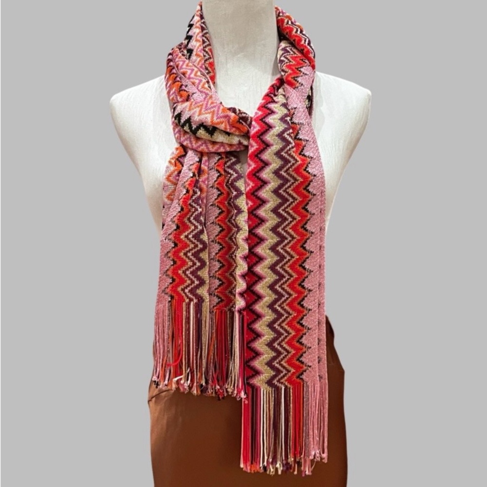 MISSONI Zigzag Patterned Scarf - Red, Pink, Black, Purple, Gold Vibrant colors - Picture 3 of 9